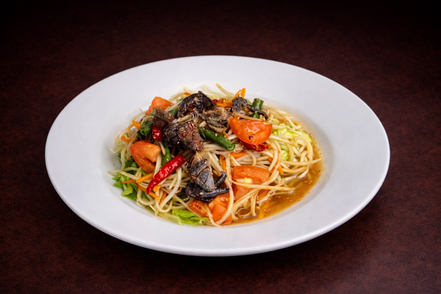 (Som Ta Pu Pha Ra) Green Papaya Salad with 2 Fermented Crab & Shrimp Paste.