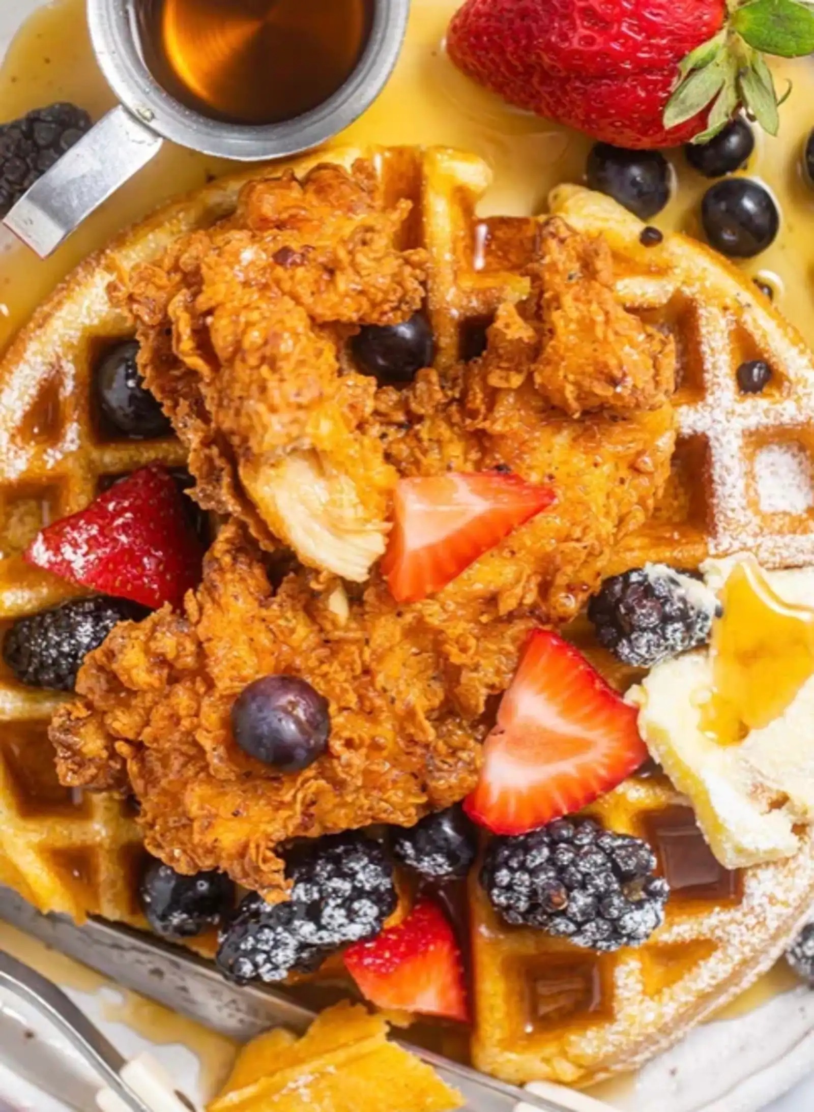Sweet Potato Belgian Waffle & Hot Honey Chicken Strips