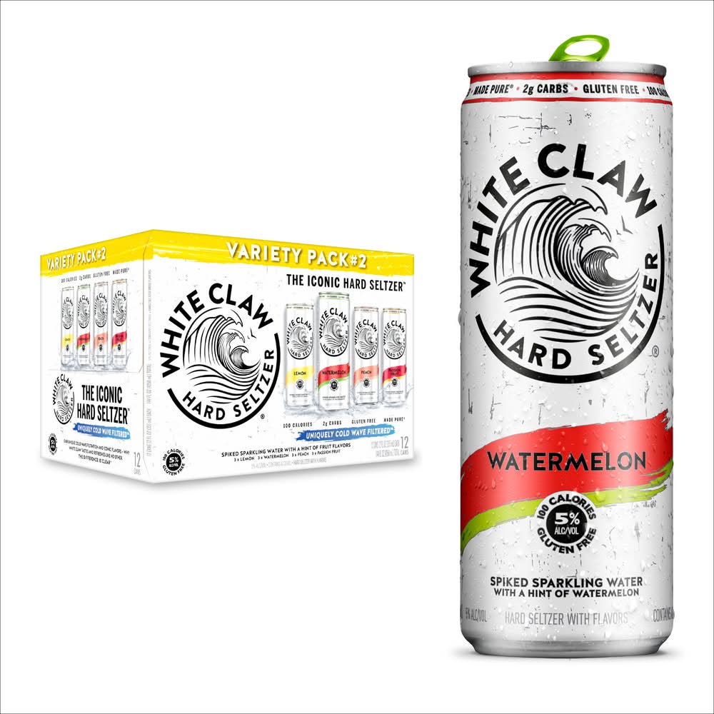 White Claw The Iconic Hard Seltzer Variety pack, Lemon-Watermelon-Peach-Passion Fruit (12 x 12 fl oz)