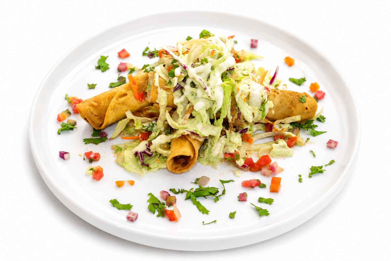 Tacos Fritos de Pollo en Salsa – Crispy Tacos with house Tomato Sauce