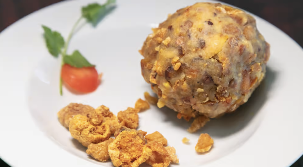 Bolón de Chicharrón / Green Plantain Ball with Crispy Pork Rinds