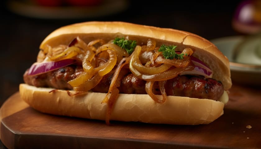 Vegan Sausage Onion, Pepper Parmigiana Sandwich With Vegan Cheese