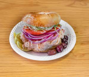 Baked Salmon Salad on a Bagel