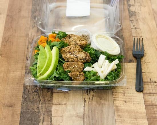 BBQ chicken kale salad (seitan) with jicama, vegetables w/ranch dill dressing