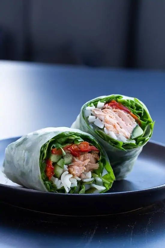 Grilled Salmon rice paper wrap with veggies, soba noodles & Thai peanut dressing